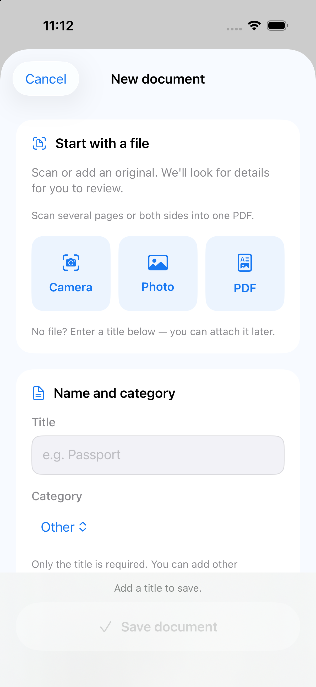 Add document screen with scanning, photo and PDF options