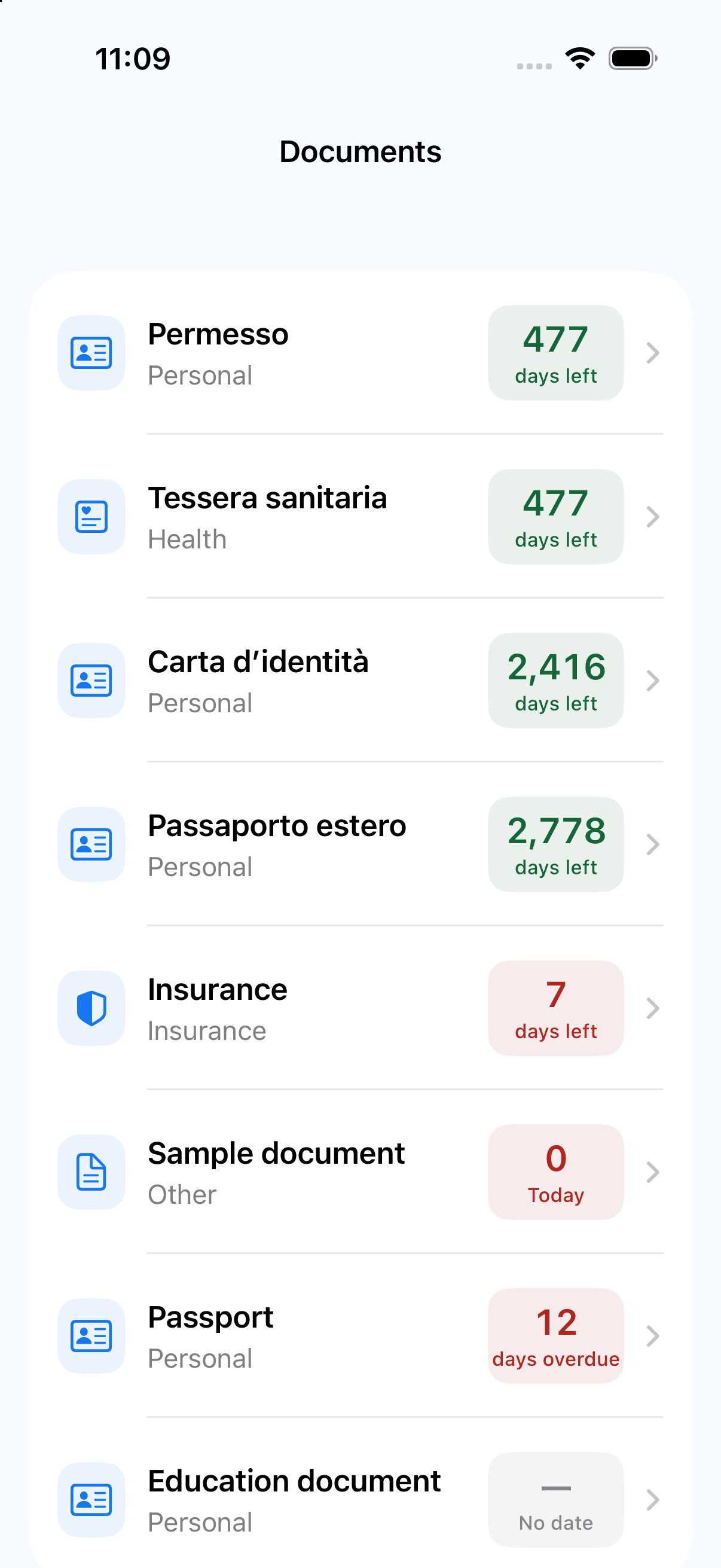 Sample document list with expiry countdowns